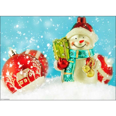 Fröhlicher Schneemann mit Geschenkpaket und Christbaumkugeln - Tischset aus Papier 44 x 32 cm
