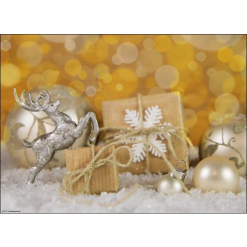 Weihnachtsmotiv in Gold und Silber mit Rentier, Geschenkpäckchen und Christbaumkugeln - Tischset aus Papier 44 x 32 cm