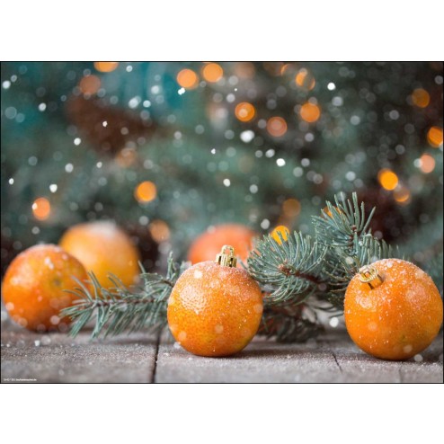 Christbaumanhänger Mandarine mit Tannenzweig und glitzernder Beleuchtung - Tischset aus Papier 44 x 32 cm