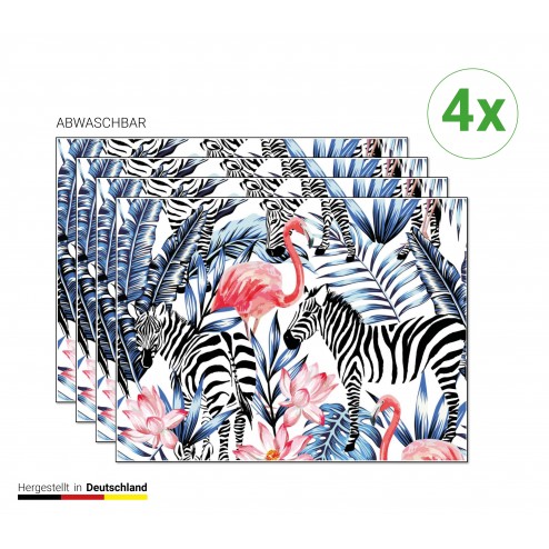Tropische Zebras und Flamingos - Tischsets aus Premium Vinyl (abwaschbar) - 4 Stück - 44 x 32 cm