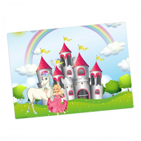 Märchenschloss mit Einhorn und Prinzessin – Tischset aus Premium Vinyl (abwaschbar) – 1 Stück – 44 x 32 cm