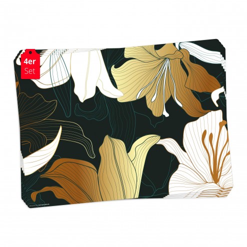 Lilien in gold und grün – Tischsets aus Premium Vinyl (abwaschbar) – 4 Stück – 44 x 32 cm