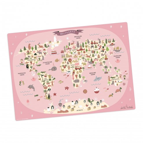 Weltkarte in rosa mit Tieren in deutsch – Tischset aus Premium Vinyl (abwaschbar) – 1 Stück – 44 x 32 cm